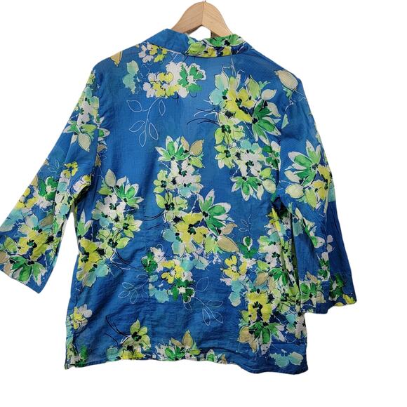 Alfred Dunner Blue Green Floral Semi Sheer Button Front Top Size 16 - Picture 2 of 7